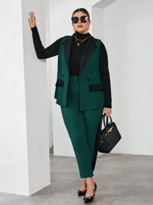 SHEIN Essnce Plus Two Tone Vest Blazer & Pants Without Tee - Dark Green - View 1