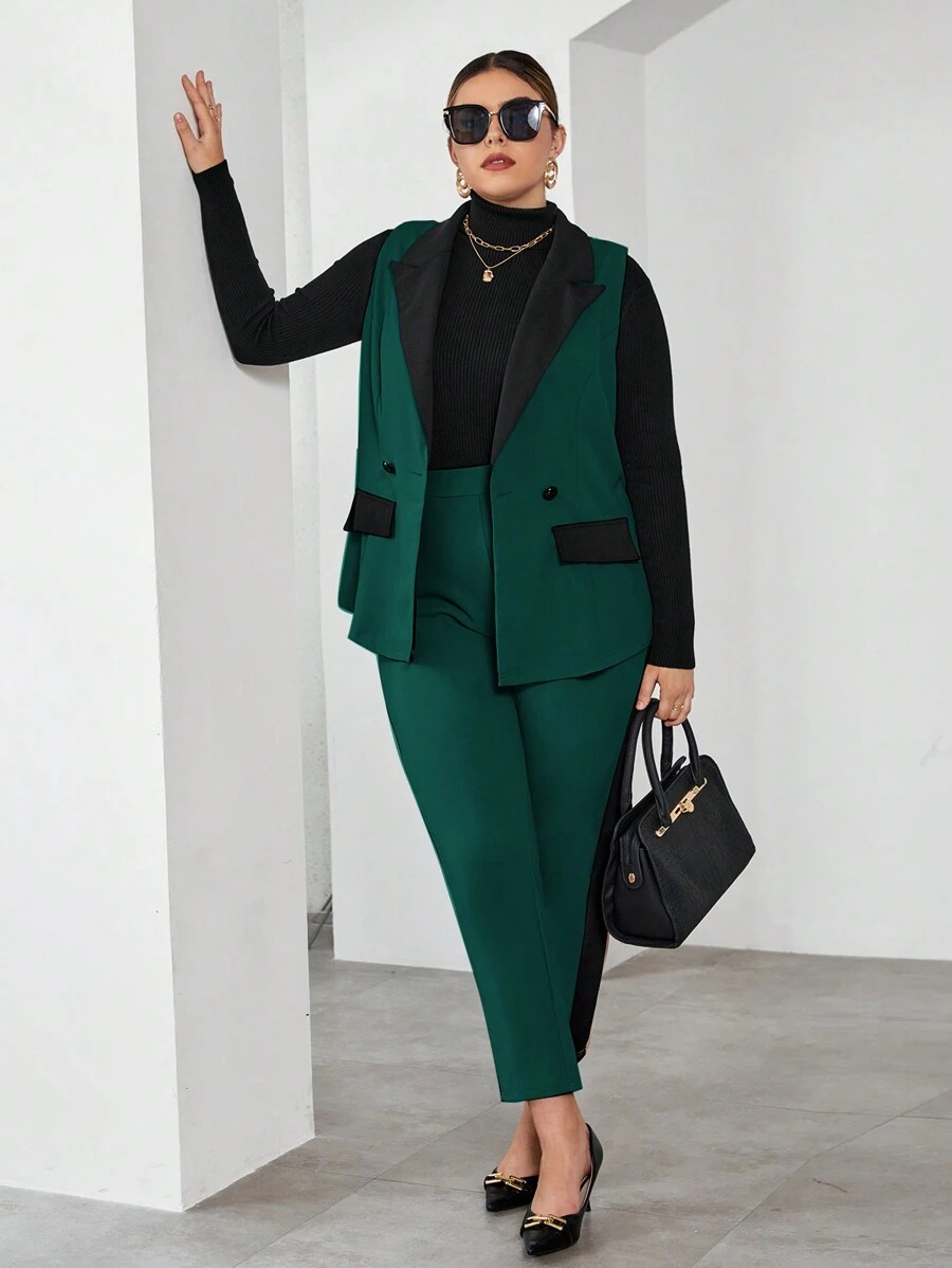 SHEIN Essnce Plus Two Tone Vest Blazer & Pants Without Tee - Dark Green - View 1