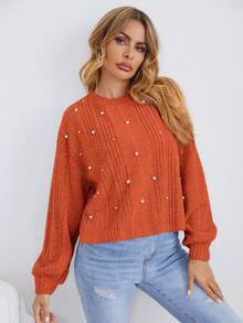 SHEIN LUNE Pearls Beaded Drop Shoulder Tee - Burnt Orange - View 3