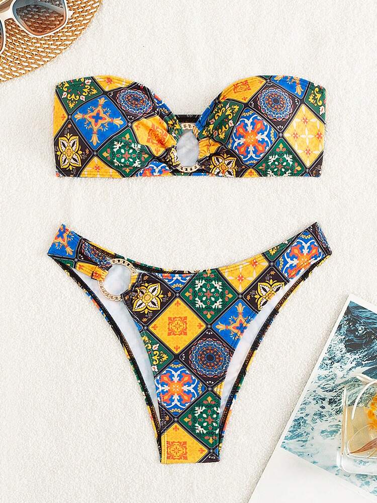 Patchwork Print Bandeau Bikini Set Carnival Summer Beach