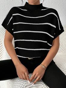 SHEIN Frenchy Women's Striped Knitted Sweater Top - Black - View 5