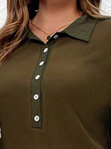 SHEIN LUNE Bộ áo phông hở vai trơn cài nút nửa xẻ tà cỡ lớn dành cho nữ và quần ống rộng - Cà phê nâu - Xem 3