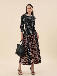 SHEIN Privé Polka Dot & Leopard Print Dress