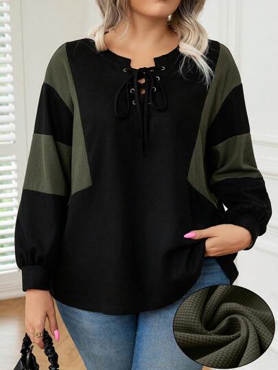 SHEIN LUNE 大码装饰休闲长袖 T 恤图案 T 恤女式上衣适合春季服装