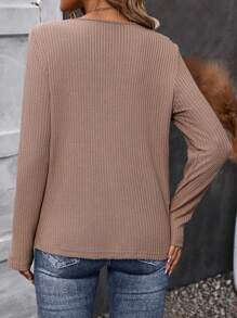 SHEIN LUNE 半排扣羅紋針織T恤 - 卡其色 - 查看 2