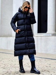 EURMUSE Women's Long Hooded Padded Coat - Black - View 3