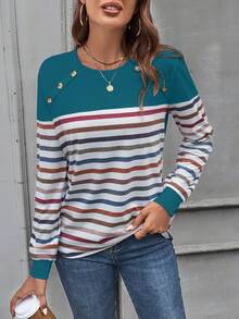 SHEIN LUNE Striped Button Decorated T-shirt - Blue - View 6
