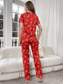 Heart Print PJ Set / Pajama Set - Red - View 2