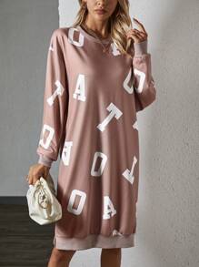 SHEIN Essnce Letter Graphic Drop Shoulder Split Hem Sweatshirt Dress - Khaki - View 1