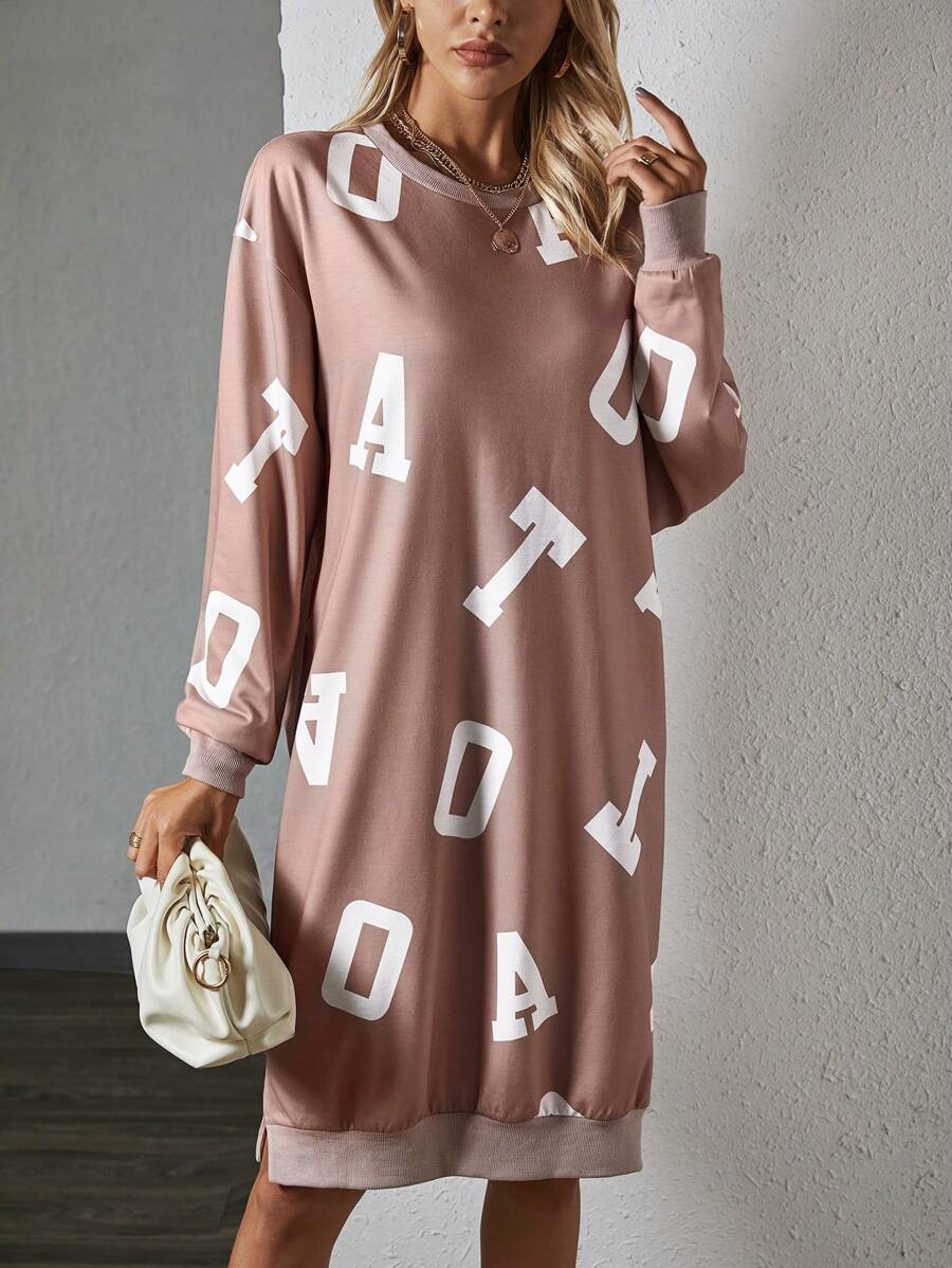 SHEIN Essnce Letter Graphic Drop Shoulder Split Hem Sweatshirt Dress - Khaki - View 1