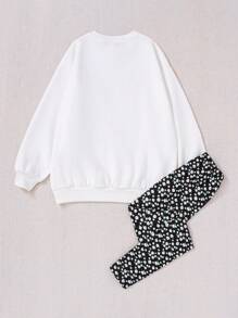 SHEIN 青少年女孩字母和碎花落肩袖套頭衫&緊身打底褲 - 彩色 - 查看 2