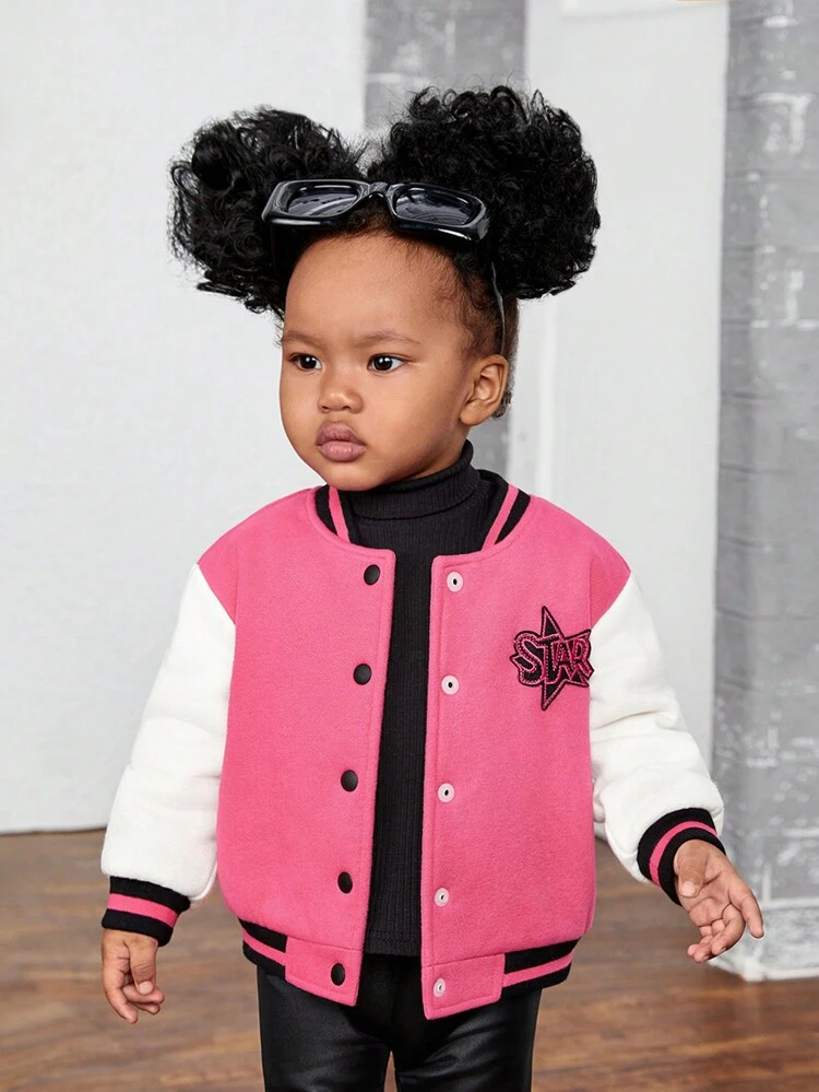 Baby Girl Letter Patched Striped Trim Varsity Jacket