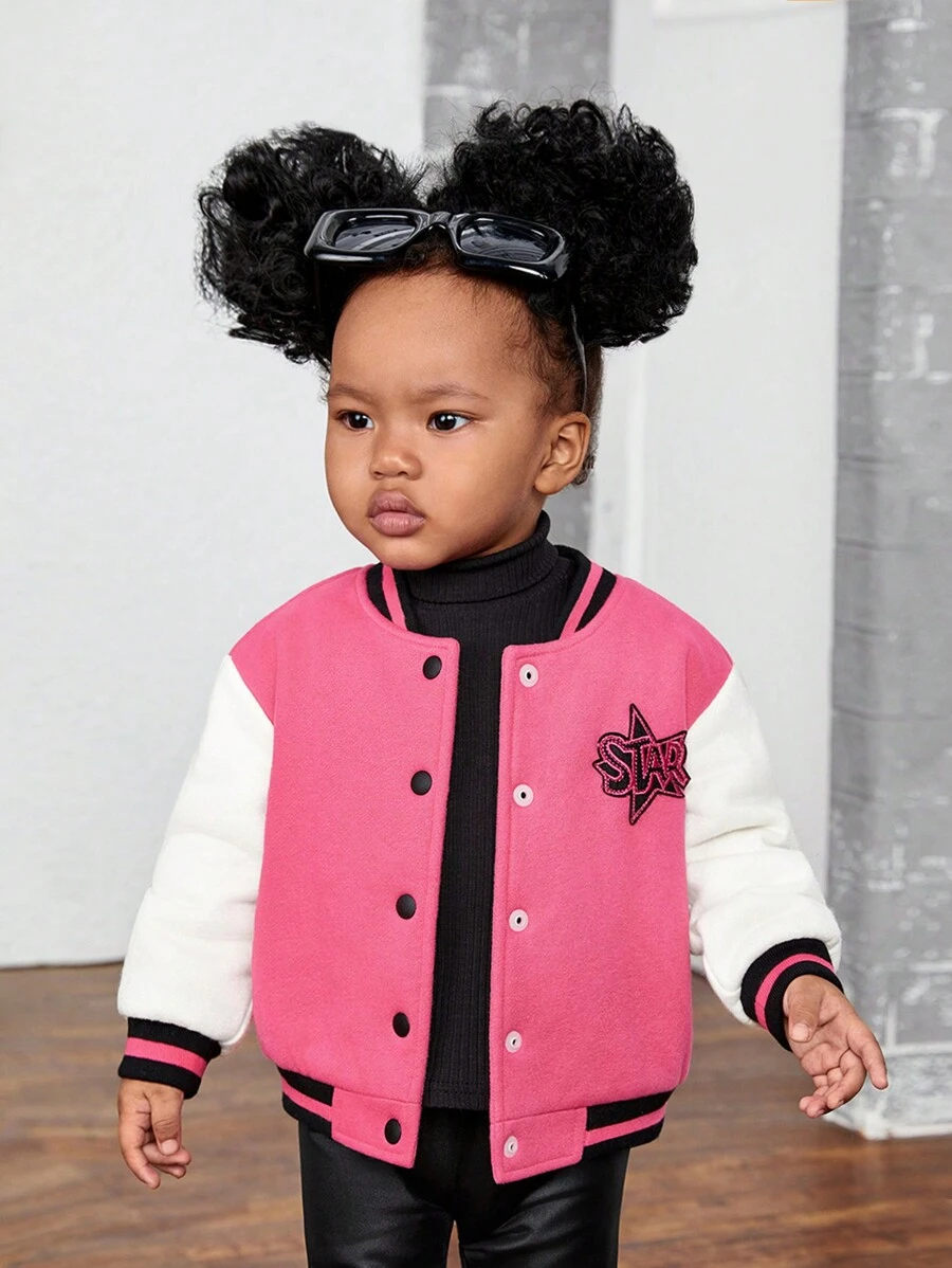 SHEIN Baby Girl Letter Patched Striped Trim Varsity Jacket - Pink - View 1