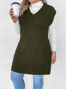 Chaleco De Suéter De Talla Grande Con Cuello En V Y Abertura Lateral - Verde Oscuro - Ver 1