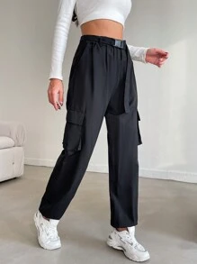 SHEIN Tall Women'S Solid Color Cargo Pants - Black - View 3