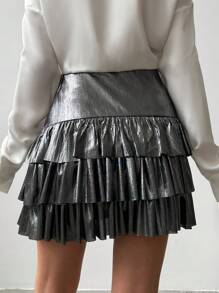 SHEIN Cottnline Solid Color Shiny Layered Skirt - Grey - View 2