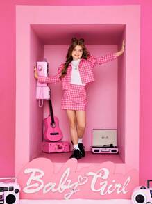 SHEIN Leap Crew 女大童千鳥格印花羊腿袖夾克&半身裙&背心上衣 - 彩色 - 查看 6