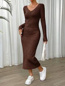 SHEIN Essnce Solid Ribbed Knit Sweater Dress - Coffee Brown - View 4