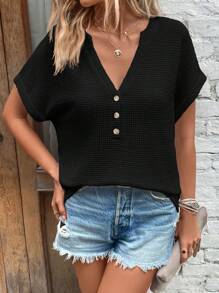 SHEIN Clasi Solid Color Deep V-neck Short Sleeve T-shirt - Black - View 4