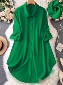 Vestido camisa con manga enrollada para mujer de talla grande