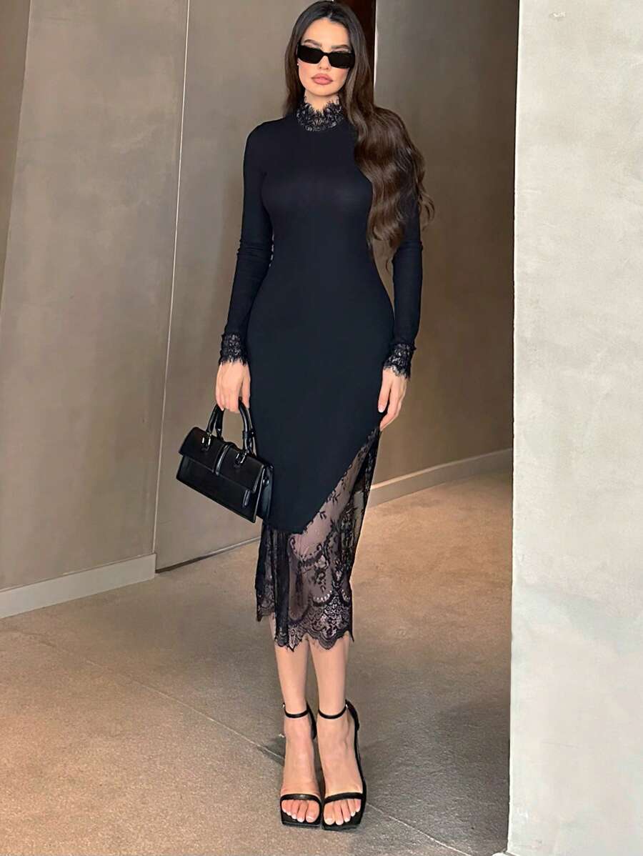 Firerie Lace Splice High Neck Slim Fit Long Sleeve Dress - Black - View 1