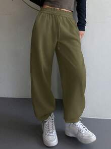 DAZY 純色彈性腰運動長褲 - 橄欖綠 - 查看 5