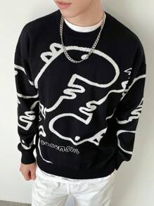 Claim Dot Men Dinosaur Pattern Drop Shoulder Sweater - Black and White - View 5