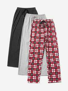 女士3入組信件&格紋印花家居服下著套裝 - 彩色 - 查看 5