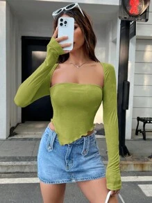 SHEIN EZwear 三角袖不對稱下擺t恤 - 橄欖綠 - 查看 5