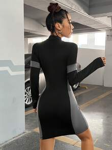 SHEIN PETITE 緊身洋裝帶字母圖案和撞色設計 - 黑色 - 查看 2