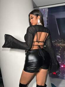 SHEIN ICON Plus Size Hollow Out Knitted Bell Sleeve Sweater - Black - View 1