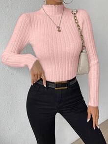 SHEIN Essnce 立領純色套頭毛衣 - 粉色 - 查看 4