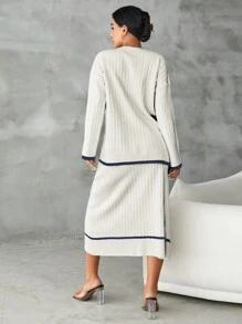 EURMUSE Women's Solid Color Round Neck Sweater And Skirt Two-piece Set - Apricot - View 2