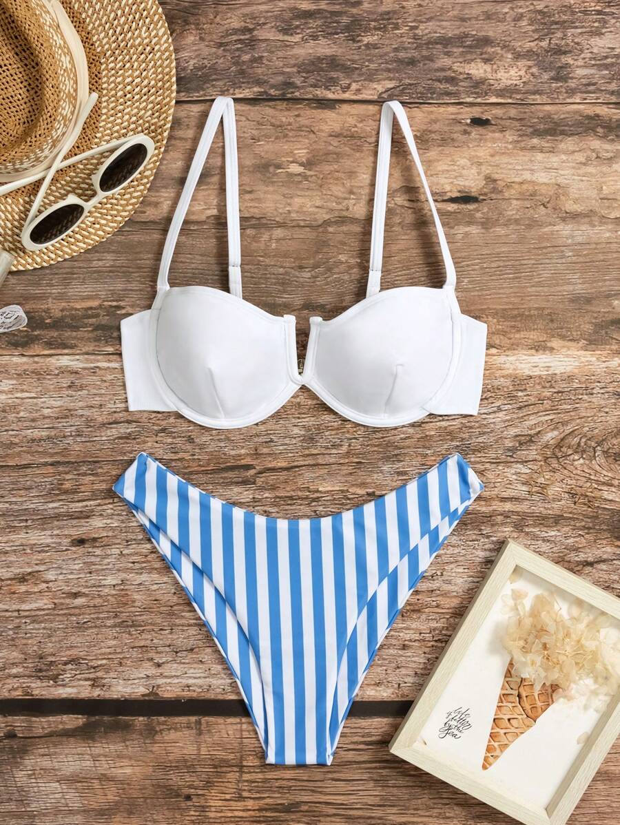 SHEIN Swim Summer V-Neck Striped Bikini Set - Blue and White - View 1