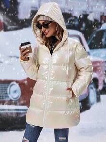 SHEIN Clasi Của phụ nữ Sáng bóng Laser áo có mũ Dây rút Áo lông Jacket - Màu be - Xem 6