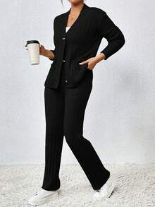 Chiquease Ribbed Textured Button Front Cardigan Sweater Set - Black - View 3