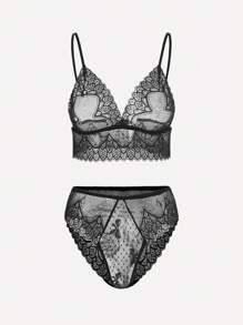Women Black Lace V Neck Semi Sheer Contrast Lingerie Set
