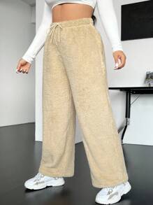 SHEIN EZwear Plus Drawstring Waist Flannel Pants - Khaki - View 3