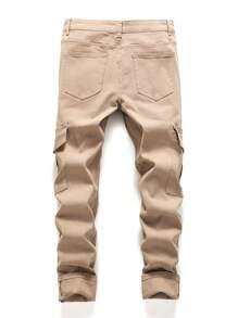 Manfinity Roughcore Men's Flip Pocket Denim Jeans Plain Slim Fit Khaki Cargo Jeans, For Husband, Boyfriend Gifts, Men Cargo Pants, Khaki Cargo Pants, Men Khaki Pants