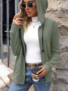 SHEIN LUNE 女士肋紋束口拉鍊外套 - 軍綠色 - 查看 5