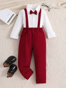 Conjunto De Niño Pequeño Con Camisa Blanca Sencilla Y Pantalones Rojos Con Tirantes, Atuendo De Caballero - Multicolor - Ver 1