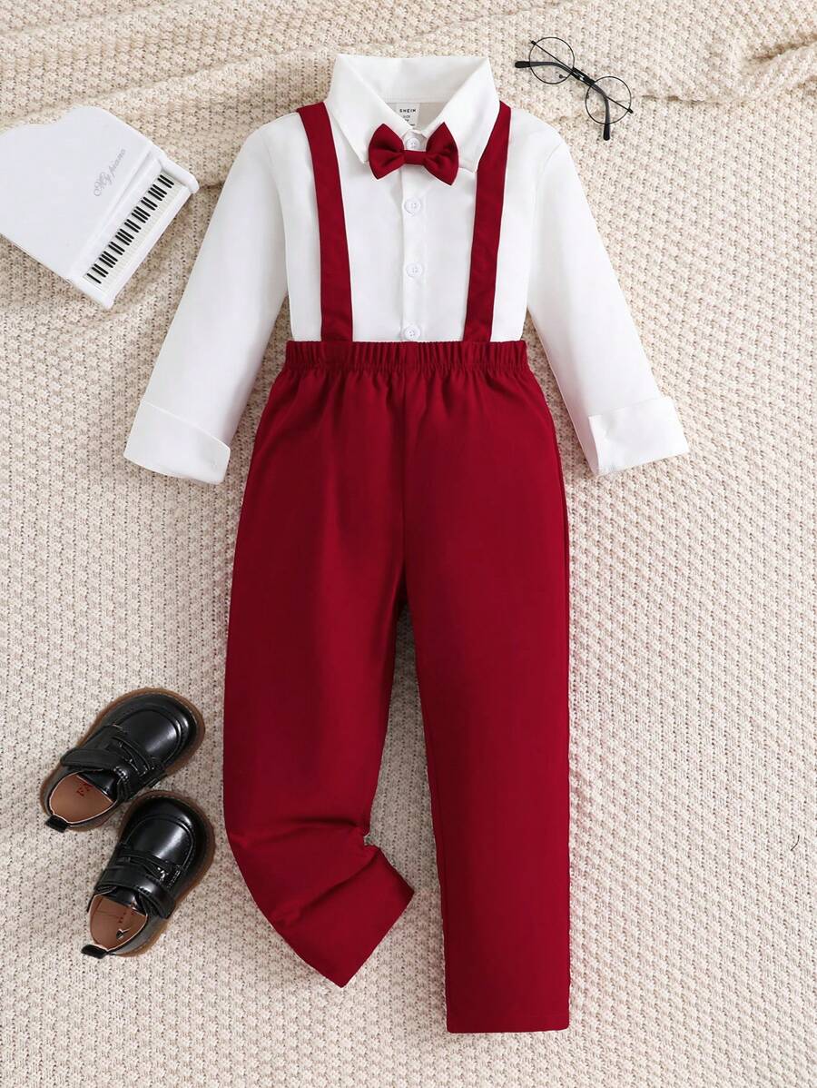 Conjunto De Niño Pequeño Con Camisa Blanca Sencilla Y Pantalones Rojos Con Tirantes, Atuendo De Caballero - Multicolor - Ver 1