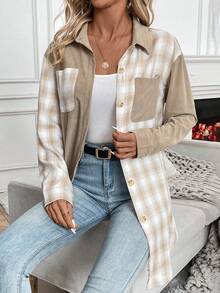 SHEIN LUNE Của phụ nữ Khối màu Kẻ sọc Áo khoác - Màu Khaki - Xem 5