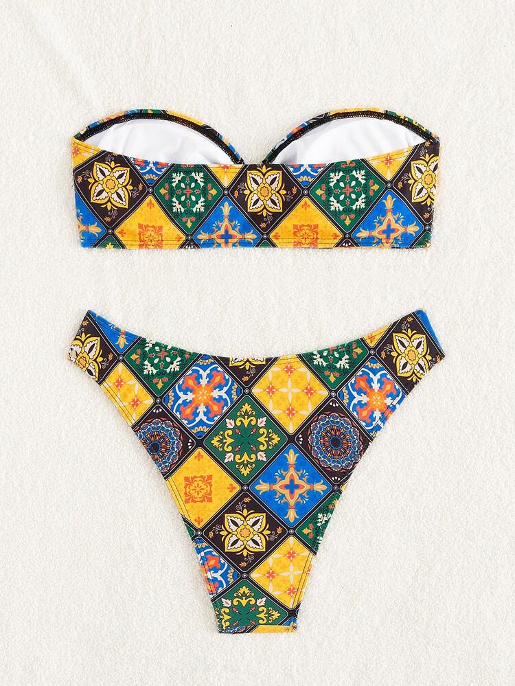 Patchwork Print Bandeau Bikini Set Carnival Summer Beach