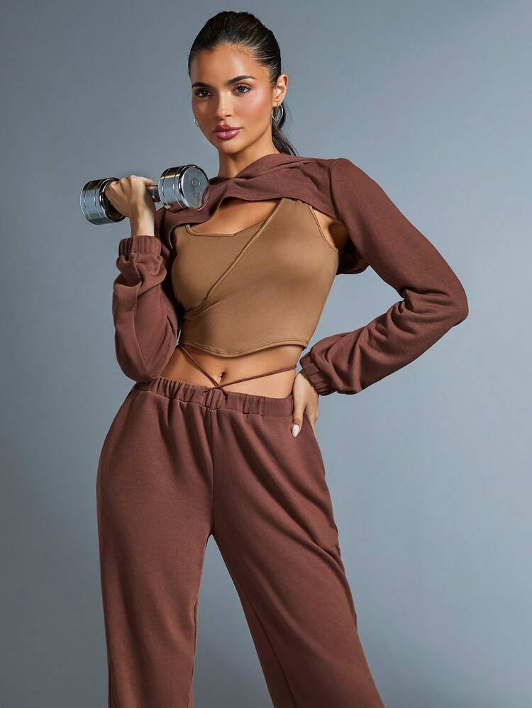 3pcs/set Camisole Top & Cropped Hoodie & Sweatpants Set