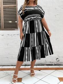 Breezaya Plus Geo Print Batwing Sleeve Ruffle Hem Dress - Black and White - View 5