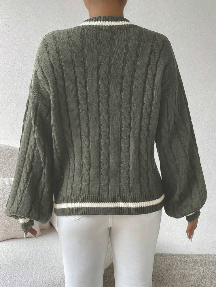 Lantern Sleeve V-Neck Cable-Knit Sweater,Long Sleeve Tops Knit Pullover Fall Winter Sweater