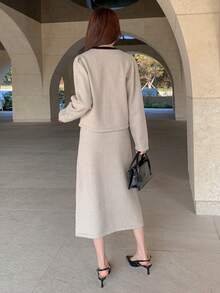 Dazy Star Contrast Trim Cardigan & Knit Skirt - Light Grey - View 2