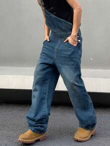Manfinity Hypemode Nam Lỏng lẻo phù hợp Quần yếm Denim Với Túi - Màu xanh lam - Xem 5