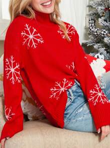 Suéter feminino de malha vermelha com floco de neve e manga comprida, blusa de Natal - Vermelho - Ver 6